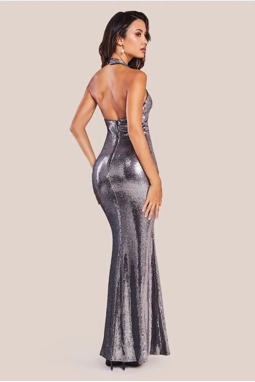 Goddiva Liquid Sequin Halterneck Maxi With Corsage - Silver