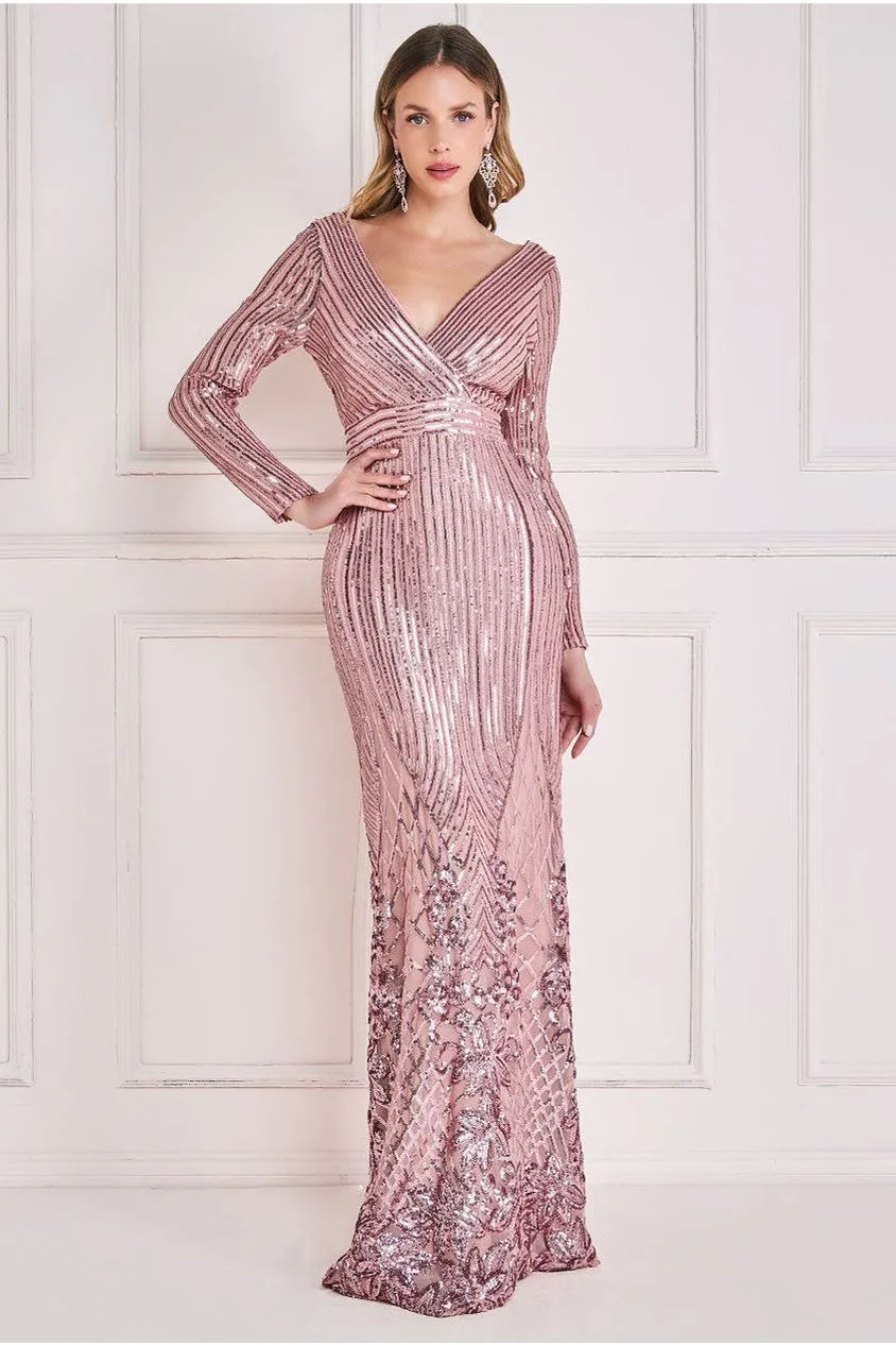 Goddiva Long Sleeve Sequin V Wrap Maxi Dress - Blush