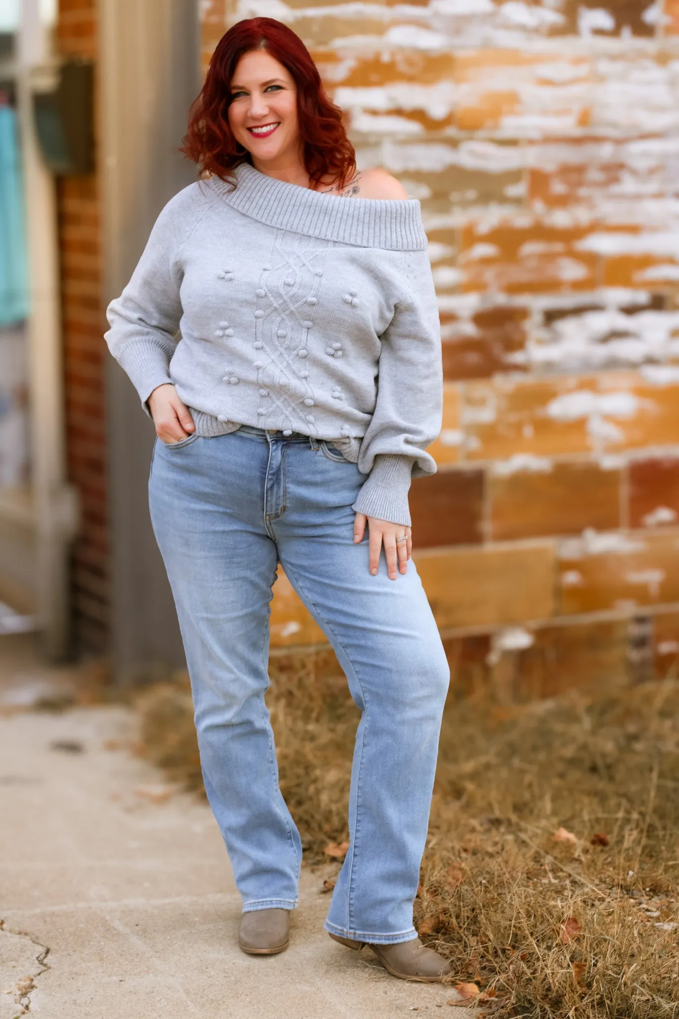 Gray Pom Pom off the Shoulder Sweater