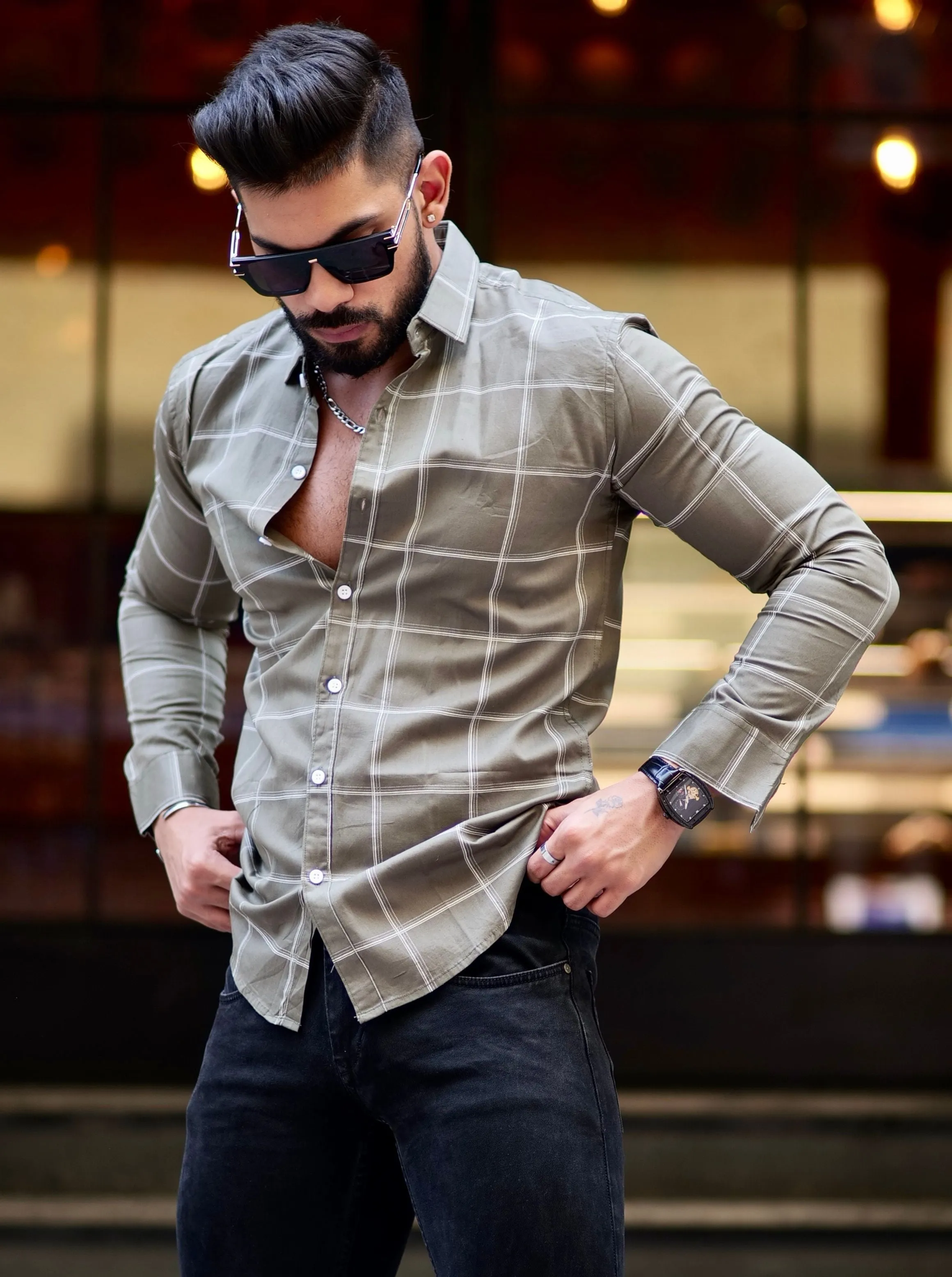 Green Check Printed Cotton Shirt For Men's