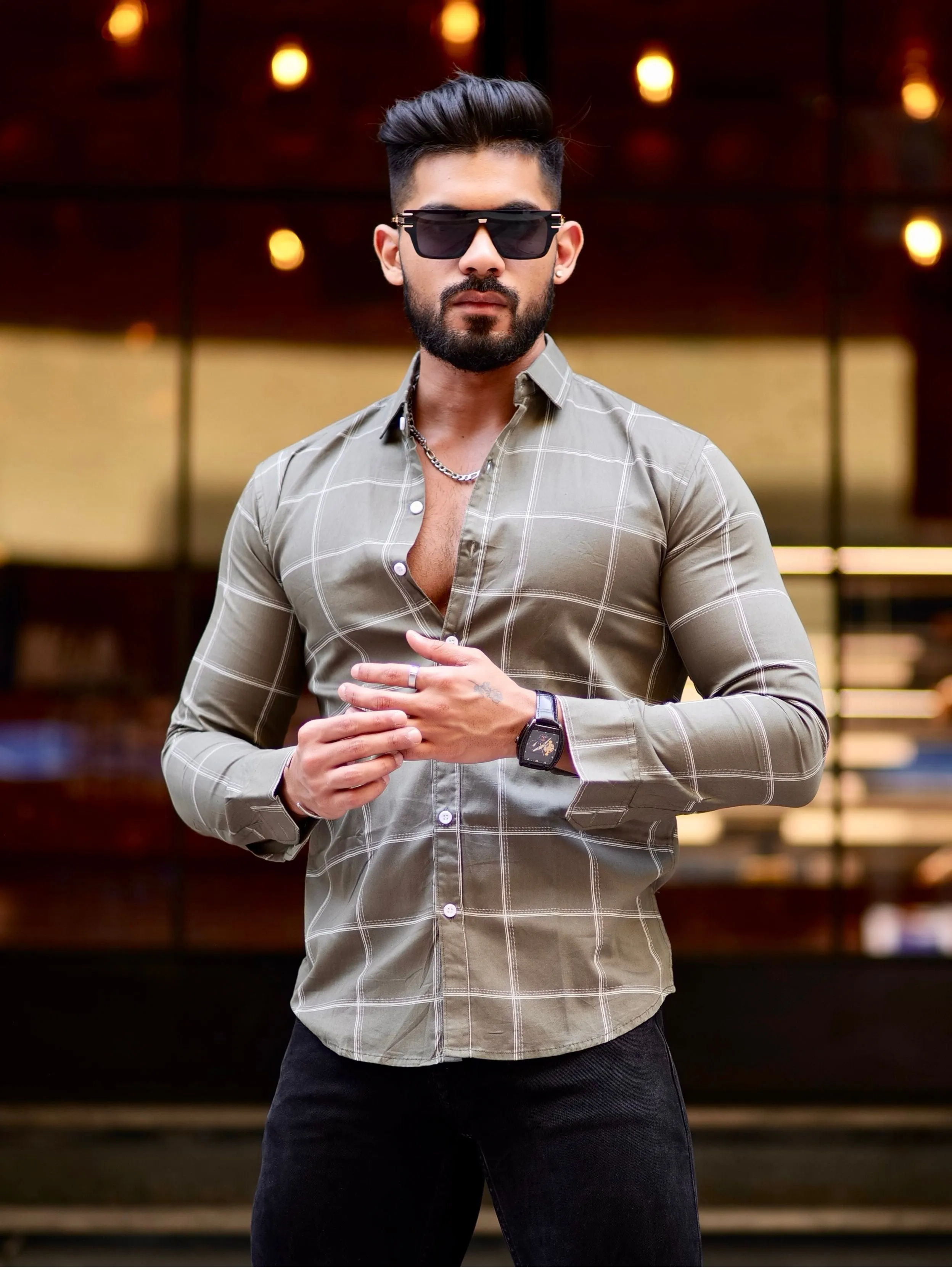 Green Check Printed Cotton Shirt For Men's