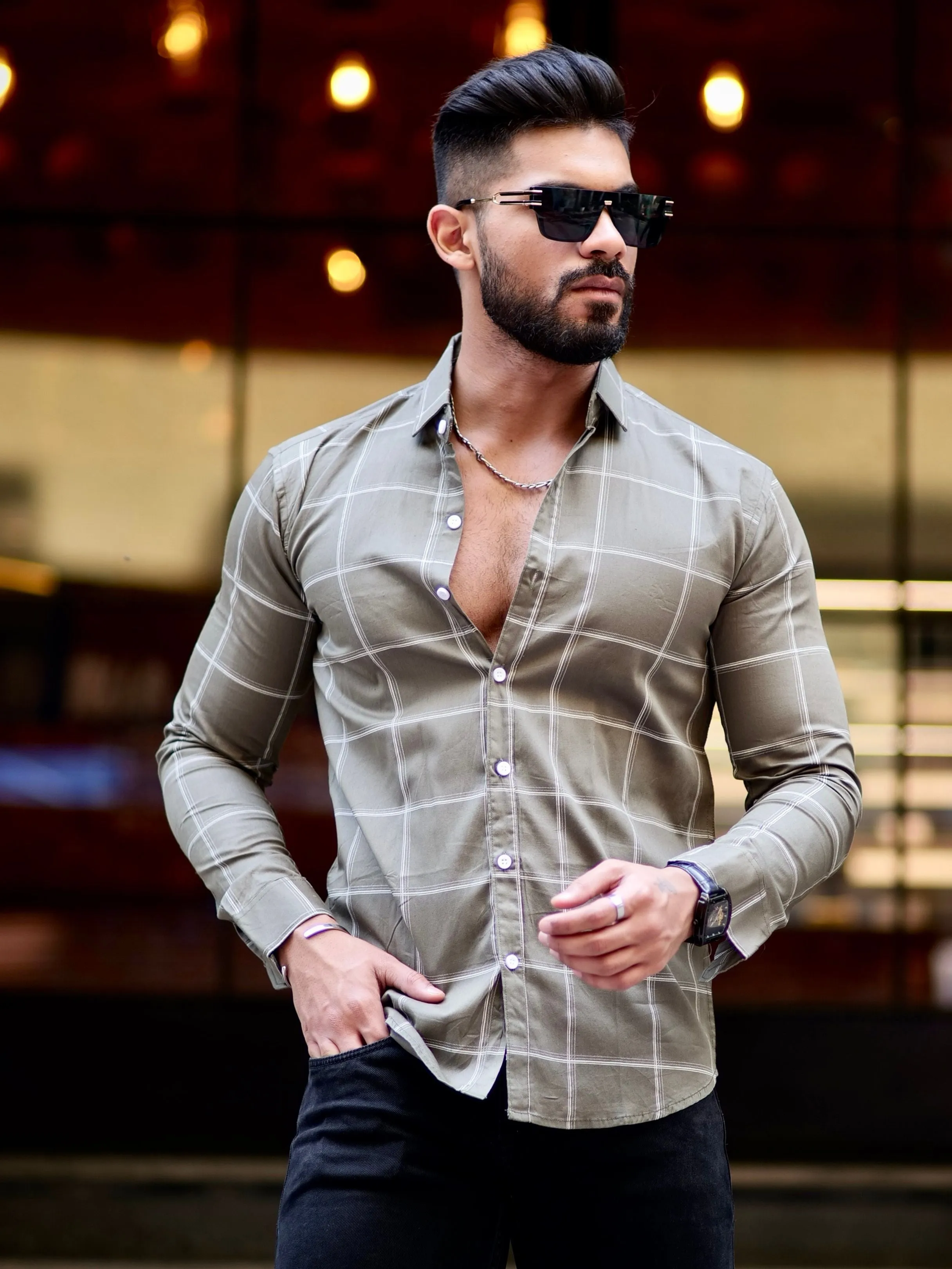 Green Check Printed Cotton Shirt For Men's