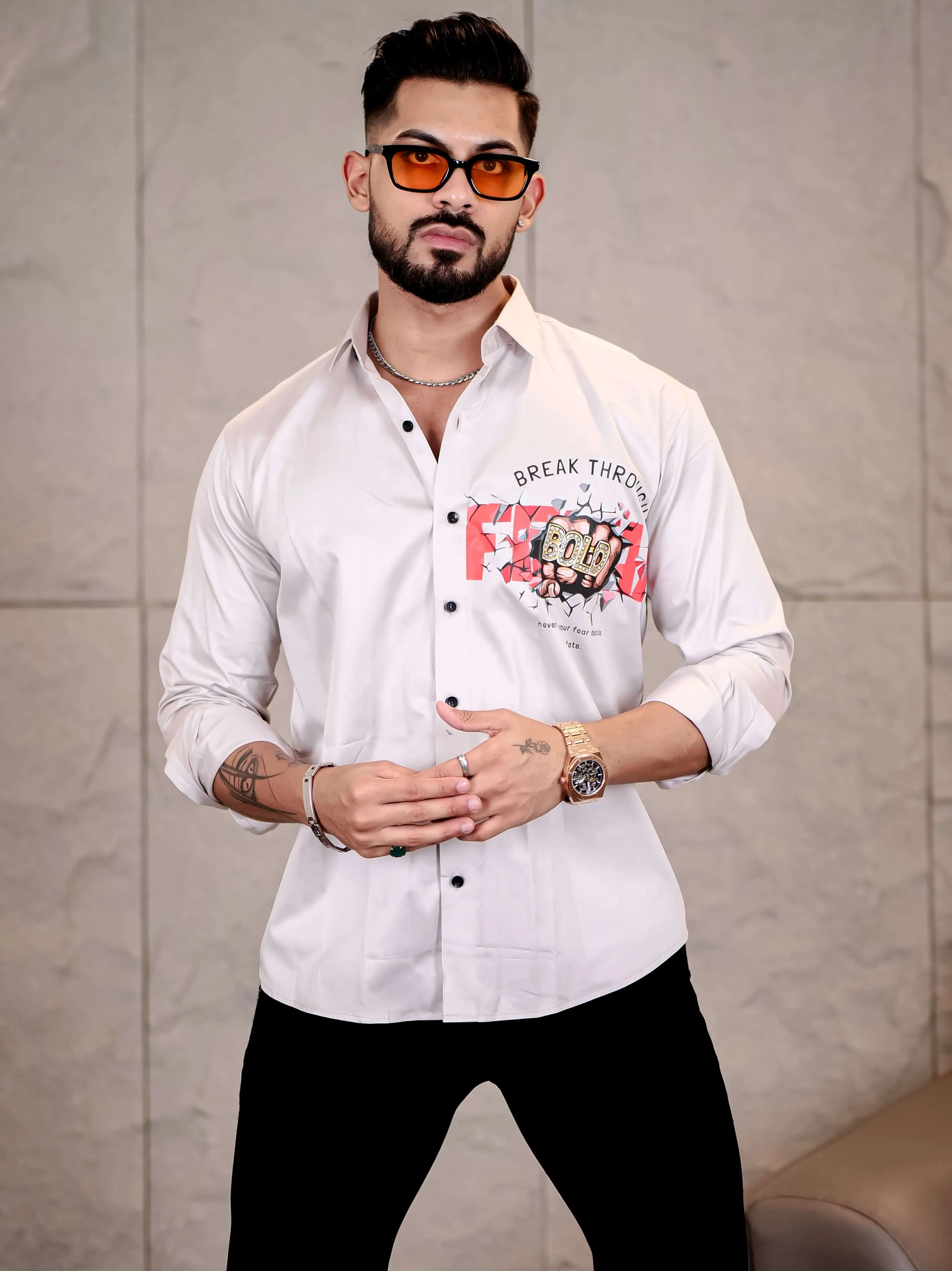 Grey Club Wear Boss Printed Satin Cotton Shirt