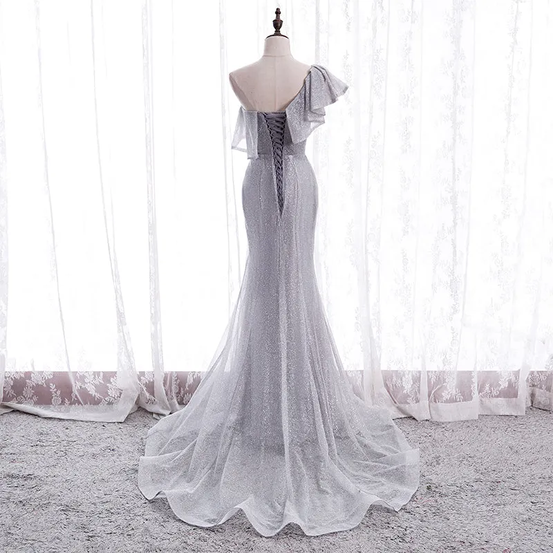 Grey One Shoulder Lace-up Shiny Long Prom Dress Party Dress, Grey Long Evening Dresses