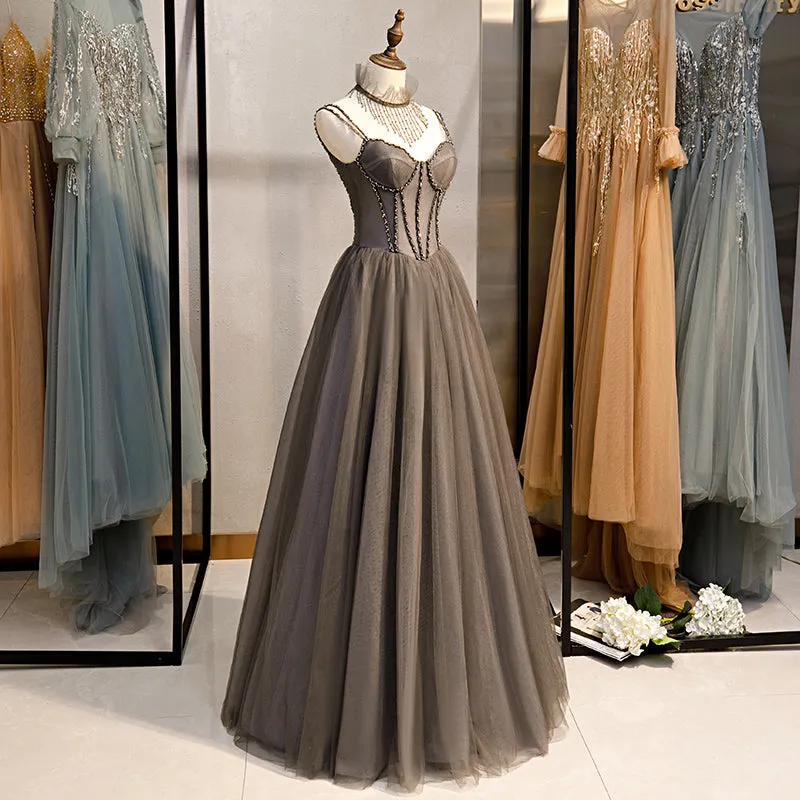 Grey Sweetheart Beaded Straps Long Tulle Prom Dress, Grey A-line Formal Dress Evening Dress