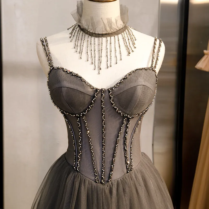 Grey Sweetheart Beaded Straps Long Tulle Prom Dress, Grey A-line Formal Dress Evening Dress