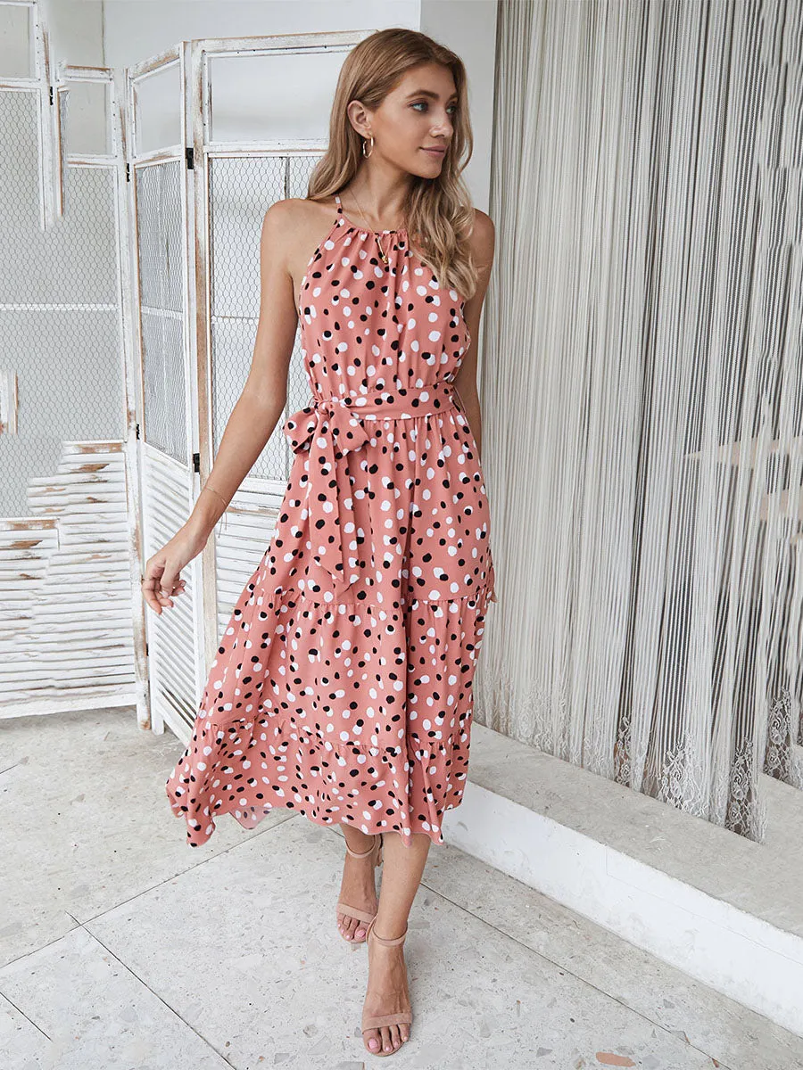 Halter High Waist Polka dots Sleeveless High Waist Swing Boho Dress