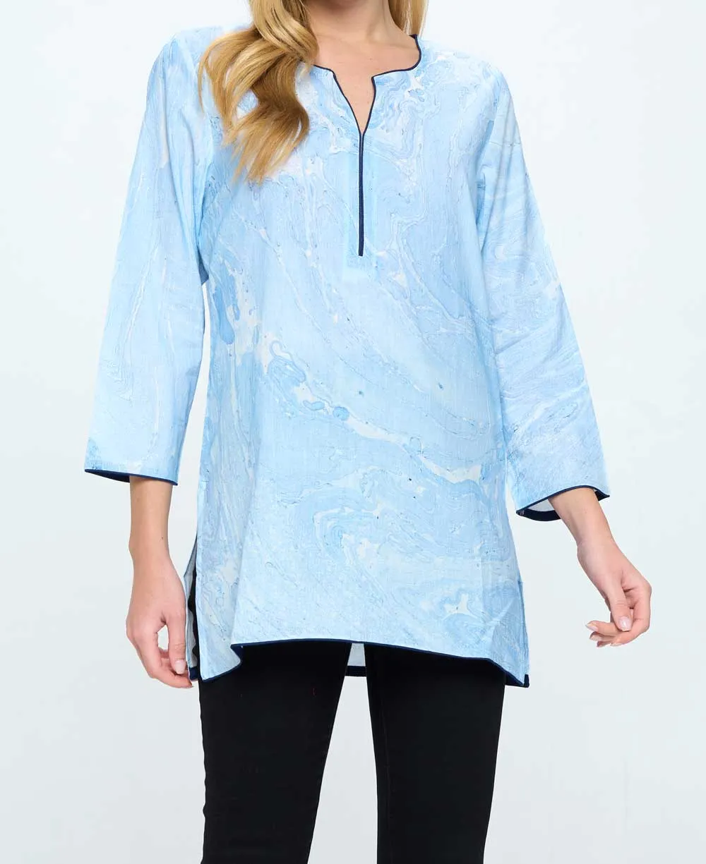 Hand Tie and Dye Blue Marble Print Soft Cotton Tunic Top