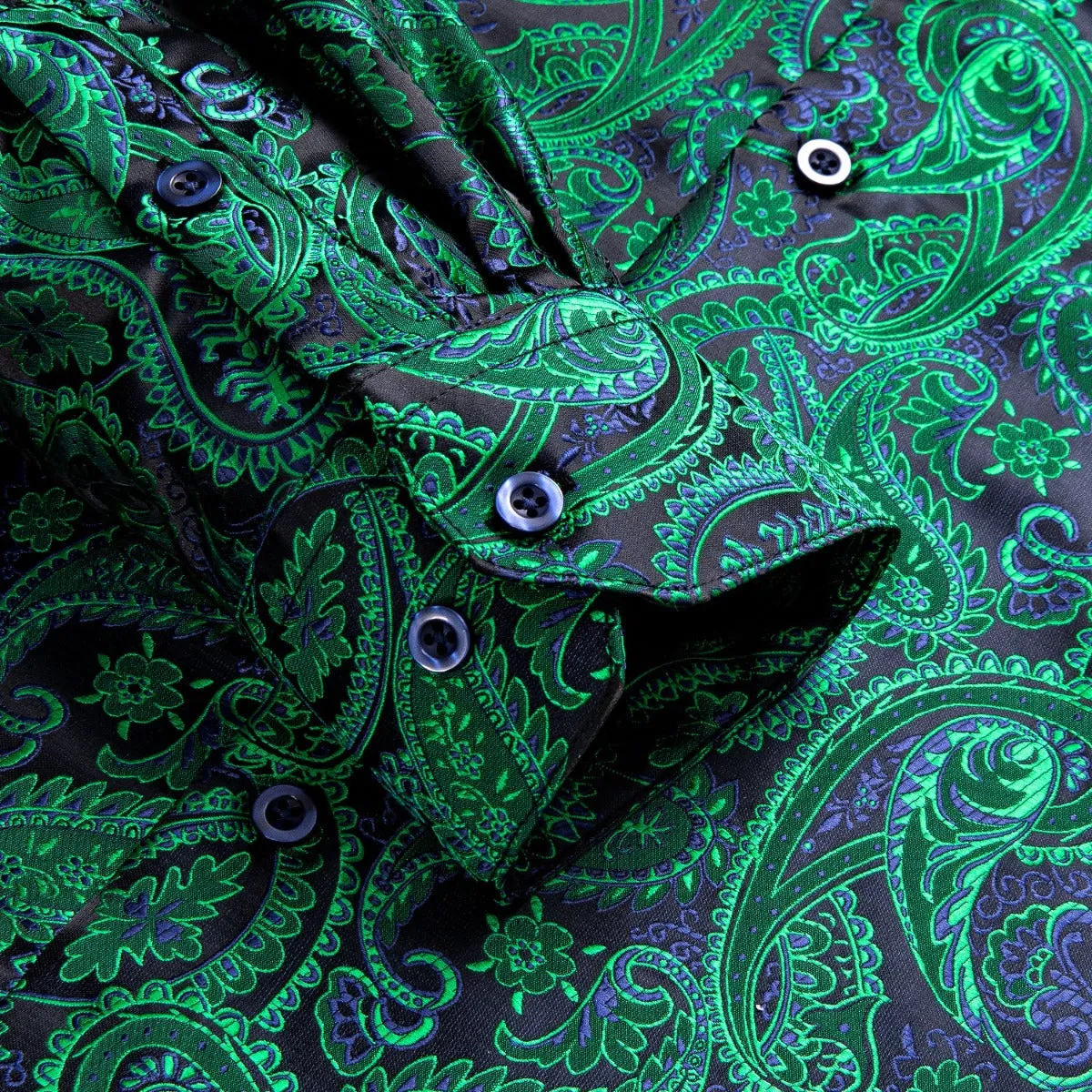 Hi-Tie Dark Green Shirt Blue Paisley Silk Top Men's Long Sleeve Shirt