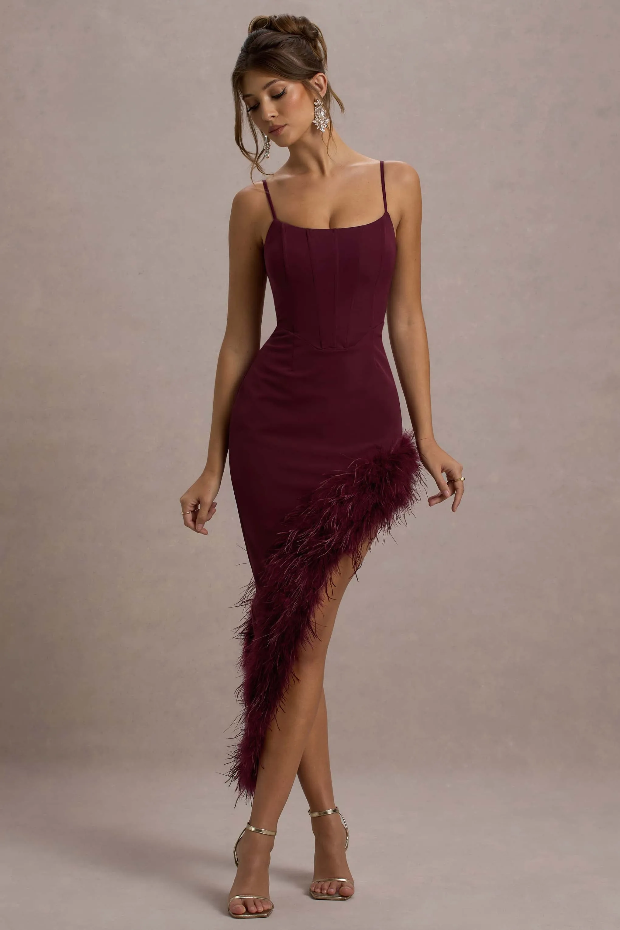 High Status | Burgundy Strappy Corset Asymmetric Maxi Dress With Feather Trim