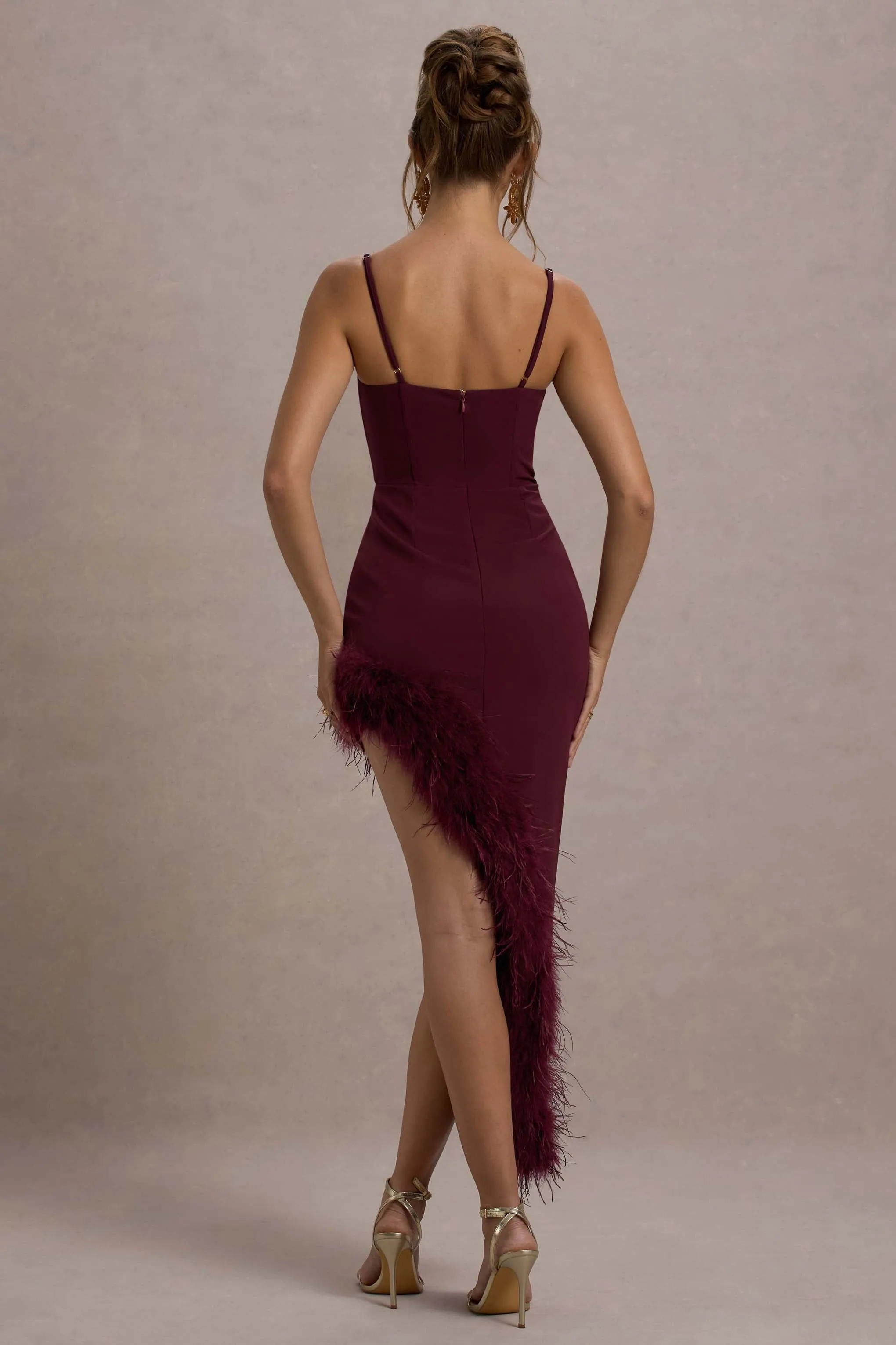 High Status | Burgundy Strappy Corset Asymmetric Maxi Dress With Feather Trim