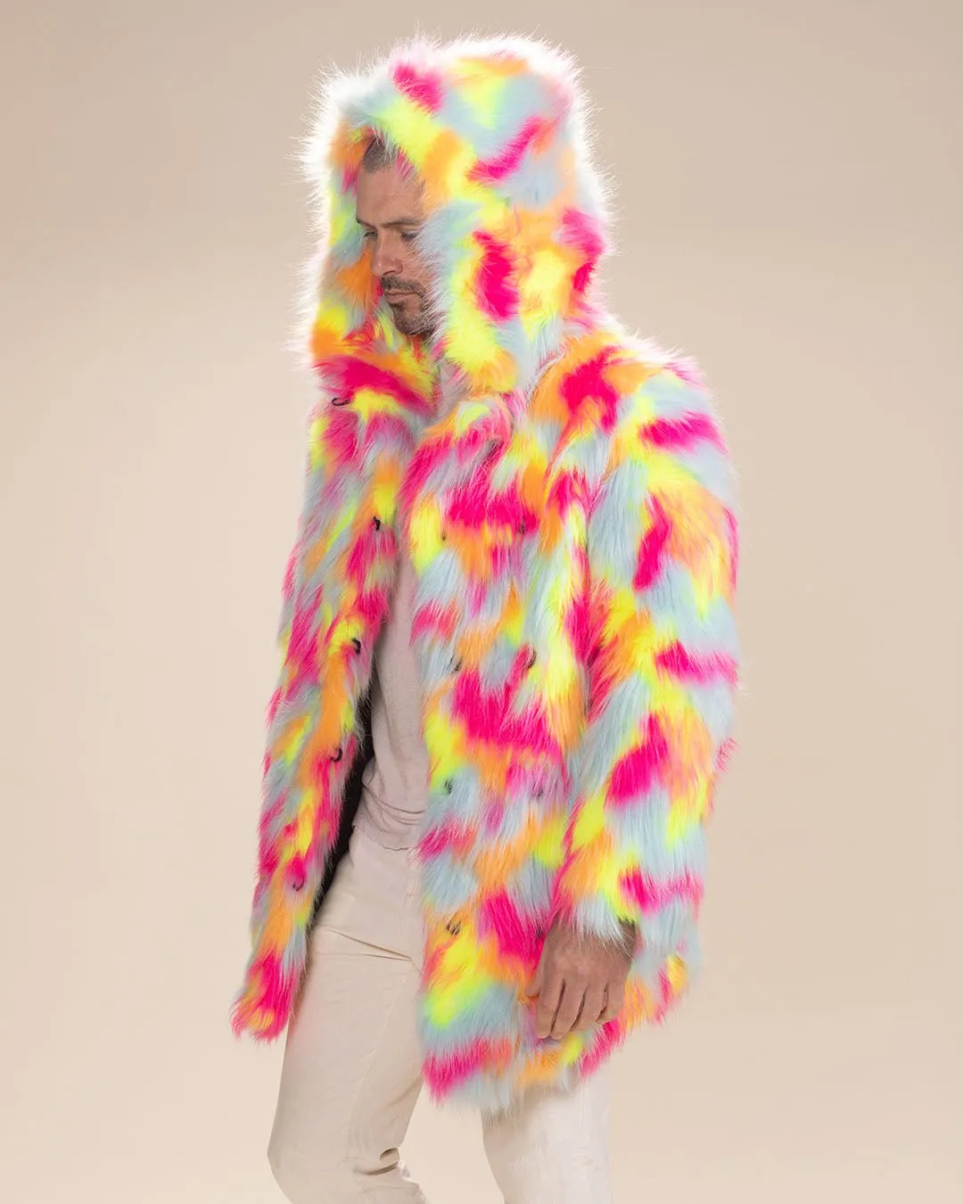 Hooded Men's Faux Fur Coat | Neon Calico Cat