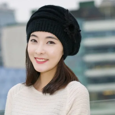 Hot Berets Hat Beanie Fashion Spring Autumn Winter Hat Warm Flower Knit Crochet Cute Casual Cap For Women&#39;s Girl Female