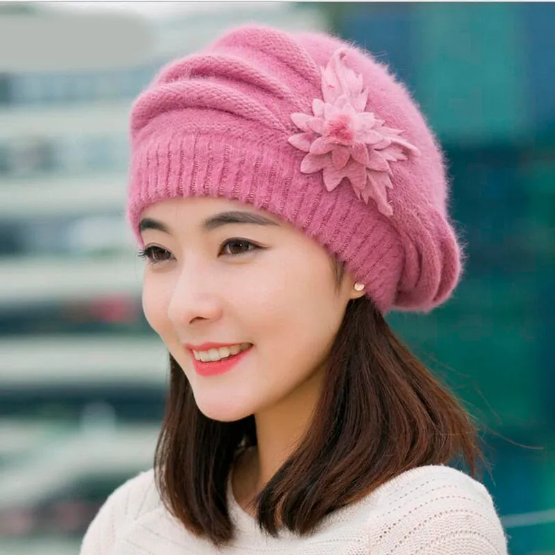 Hot Berets Hat Beanie Fashion Spring Autumn Winter Hat Warm Flower Knit Crochet Cute Casual Cap For Women&#39;s Girl Female