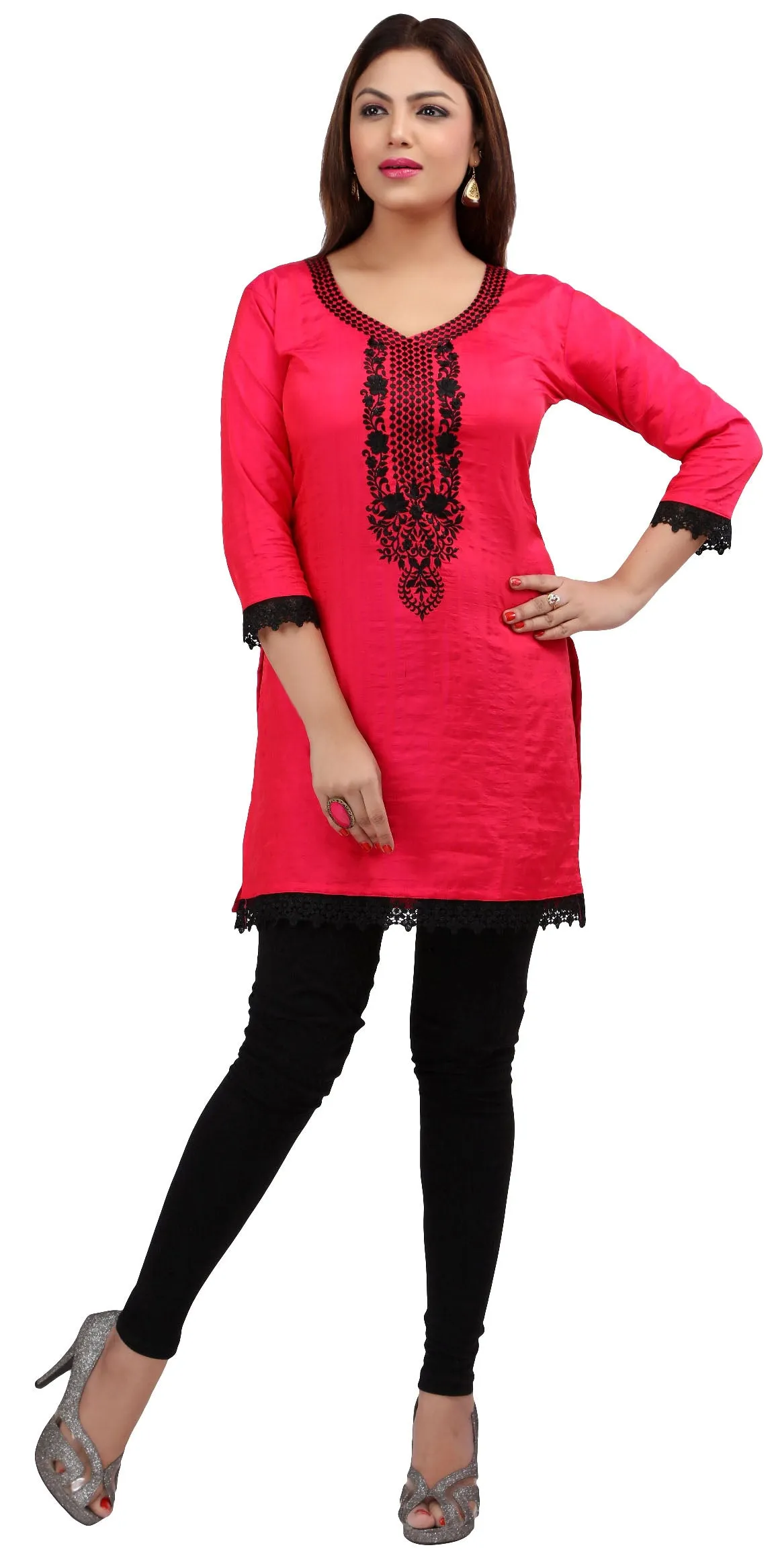 India Women's Tunic Top Kurti Embroidered Indian Clothing (Red)