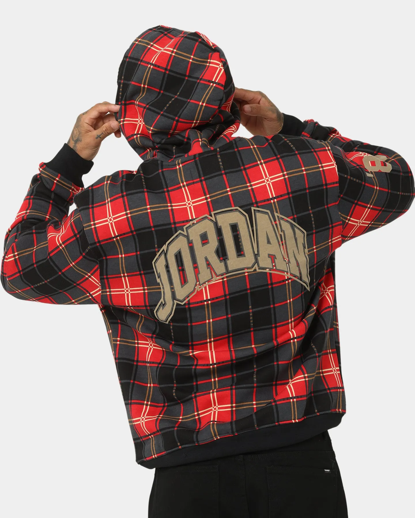 Jordan Essential Holiday Plaid Fleece Pullover Hoodie Fire Red