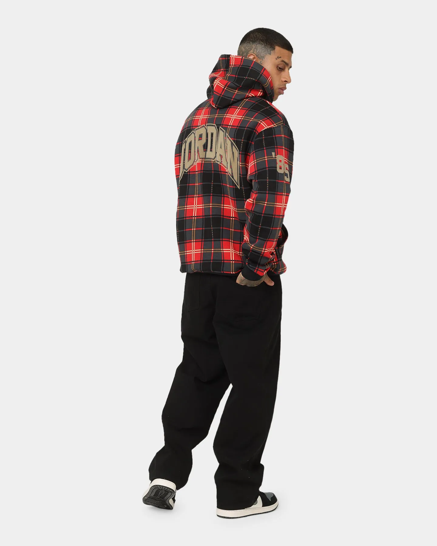 Jordan Essential Holiday Plaid Fleece Pullover Hoodie Fire Red