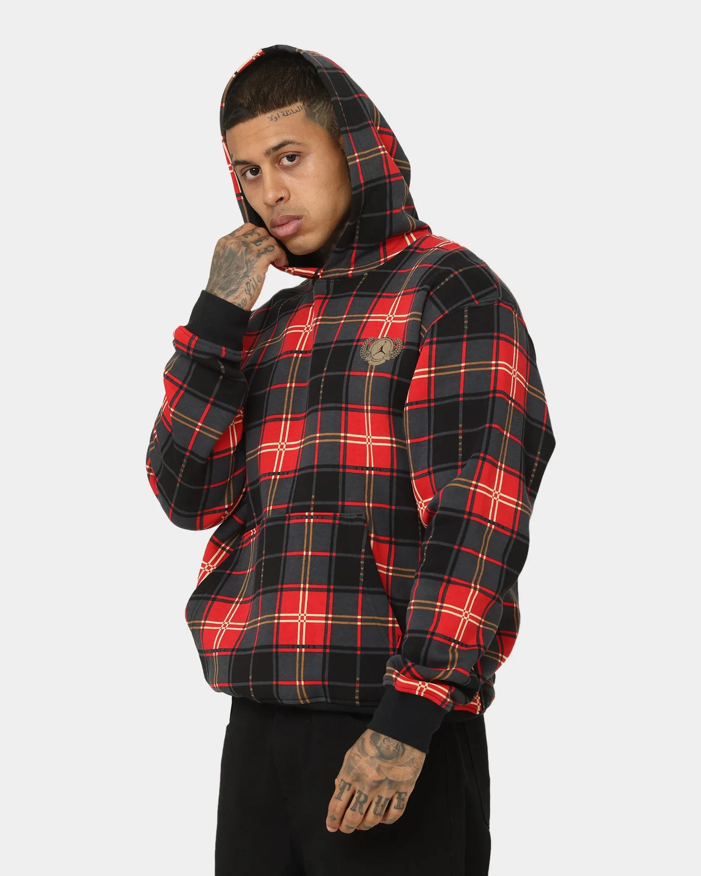 Jordan Essential Holiday Plaid Fleece Pullover Hoodie Fire Red