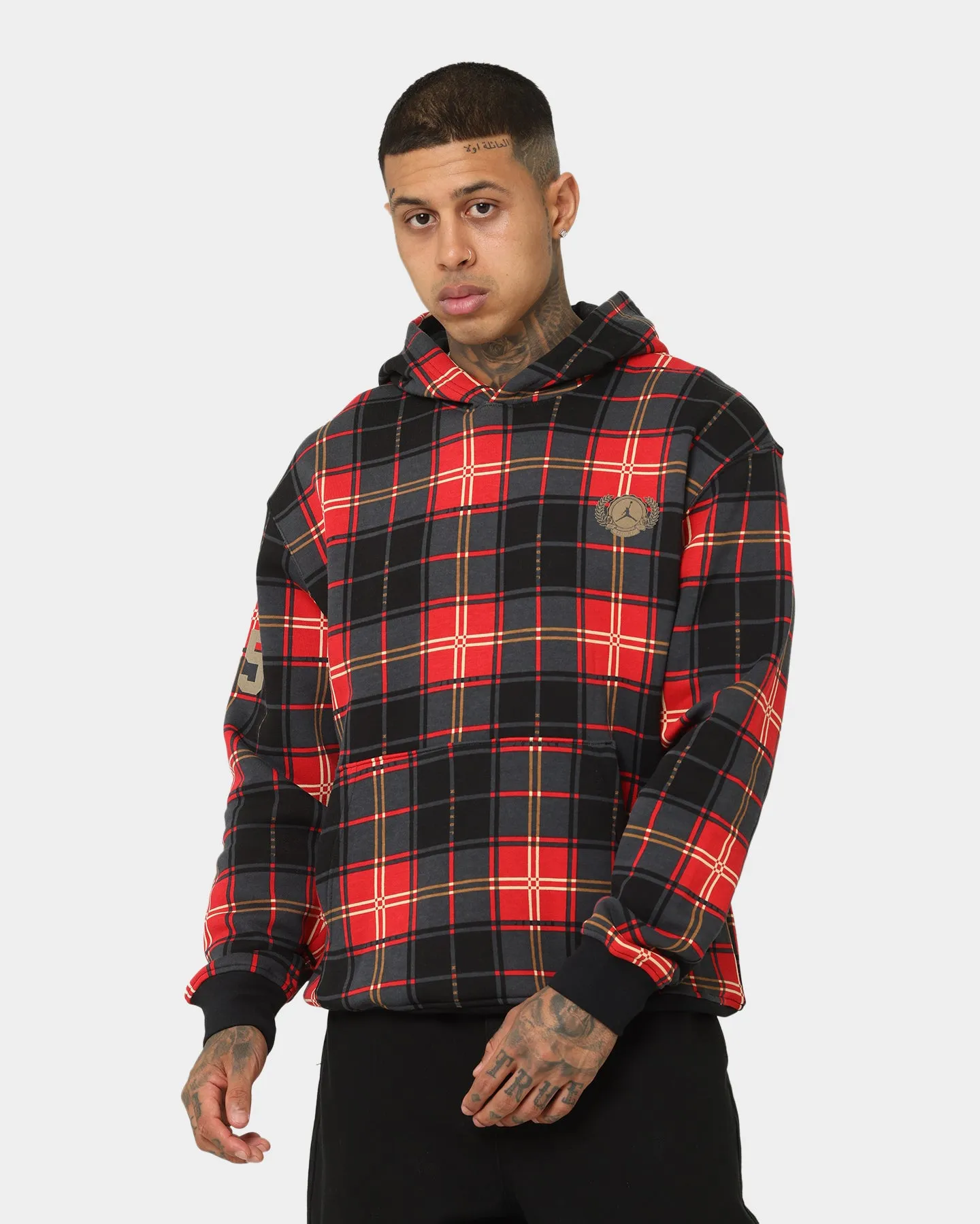 Jordan Essential Holiday Plaid Fleece Pullover Hoodie Fire Red