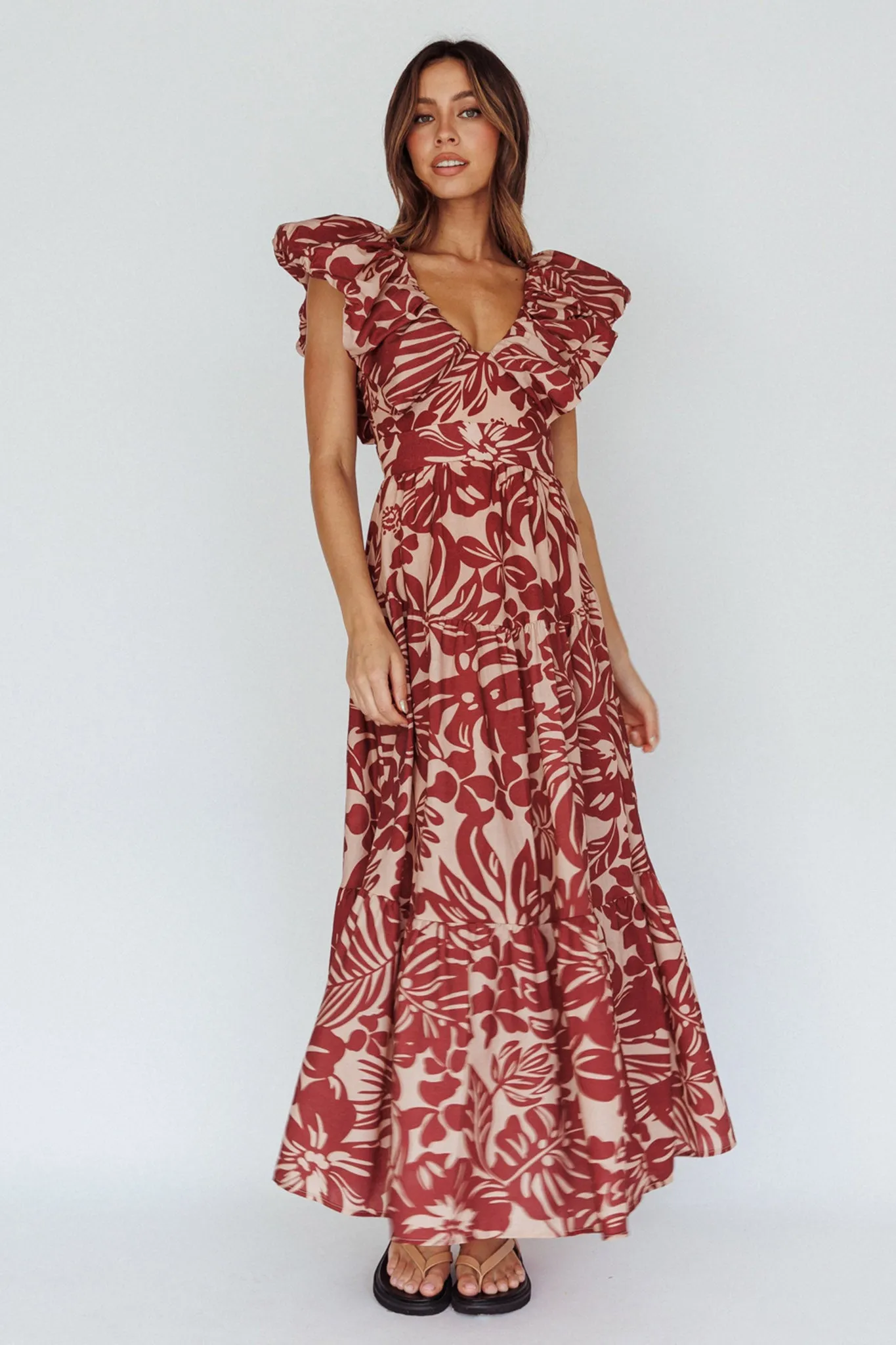 Kahlo Puffed Ruffle Neckline Maxi Dress Print Flame