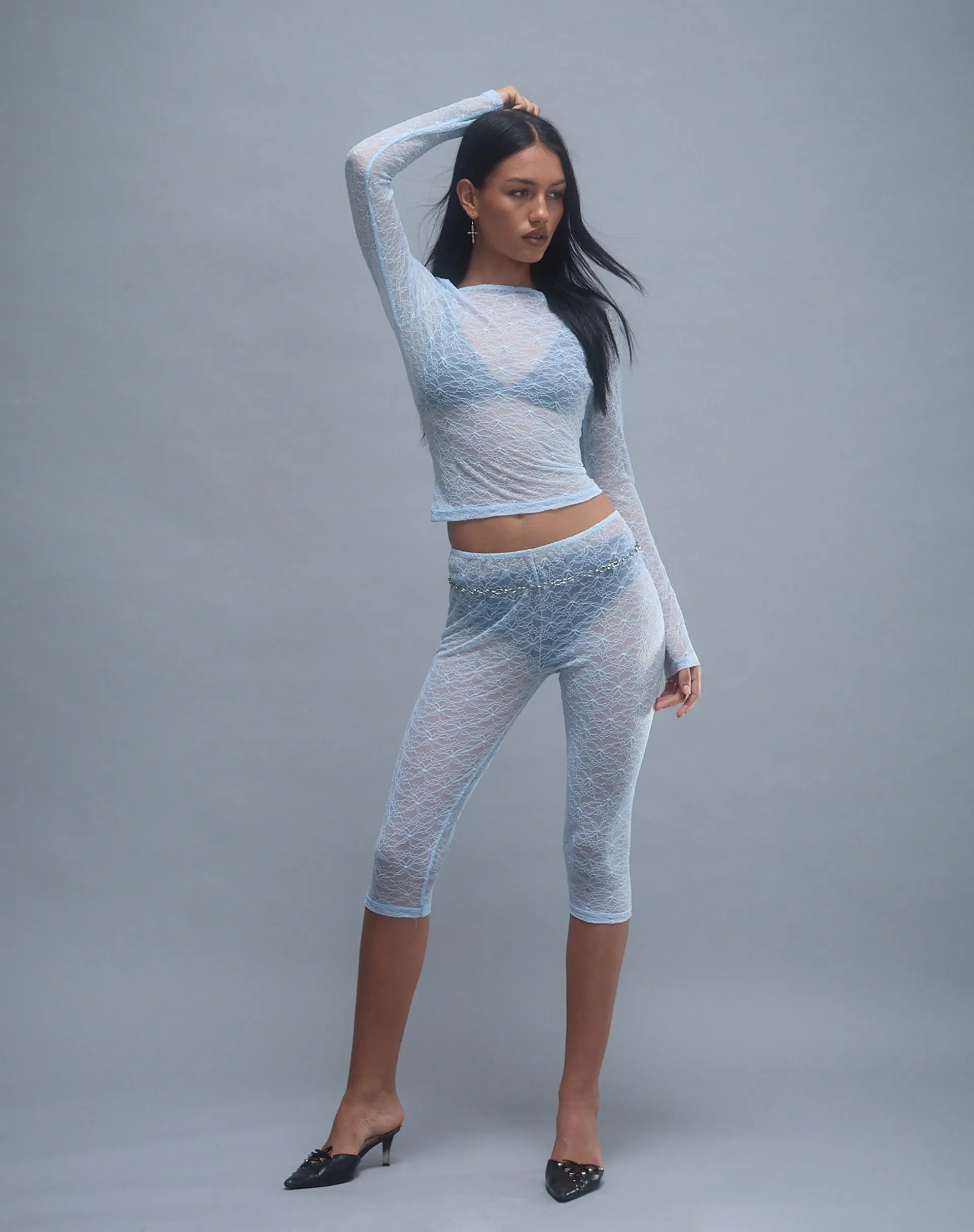 Kalima Lace Cropped Capri Trouser in Baby Blue