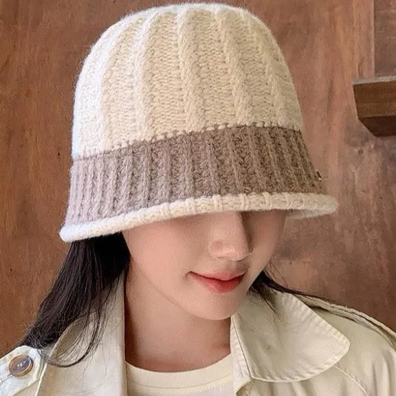 KNIT BUCKET HAT IN BEIGE MIX MEDIUM BROWN WOOL 431640