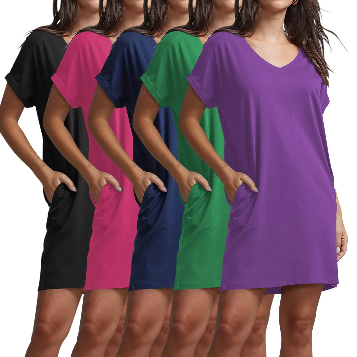 Ladies Side Pocket V-Neck Long T-shirt Shift Dress