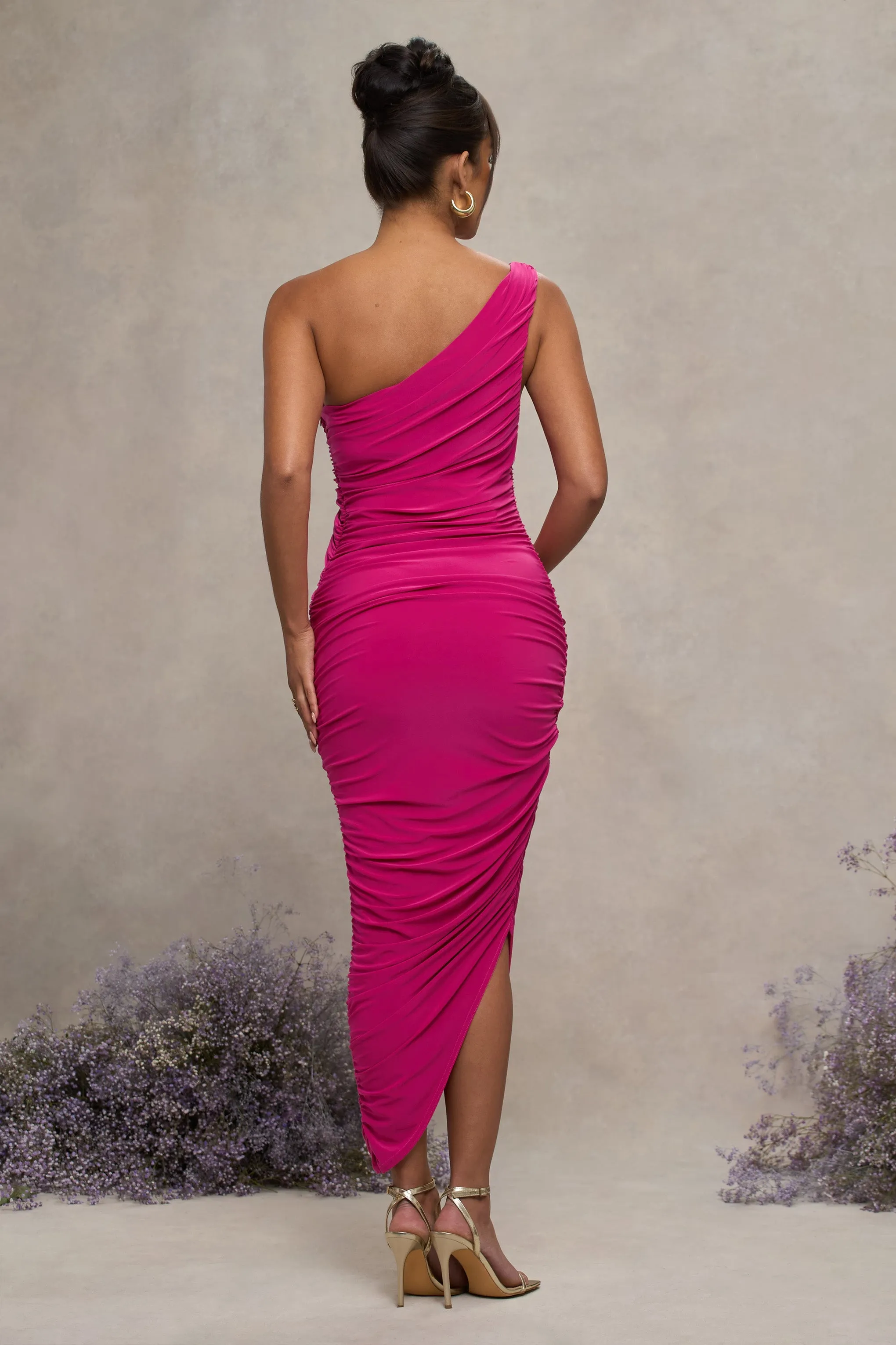 Late Night | Hot Pink Maternity Ruched One Shoulder Midi Dress