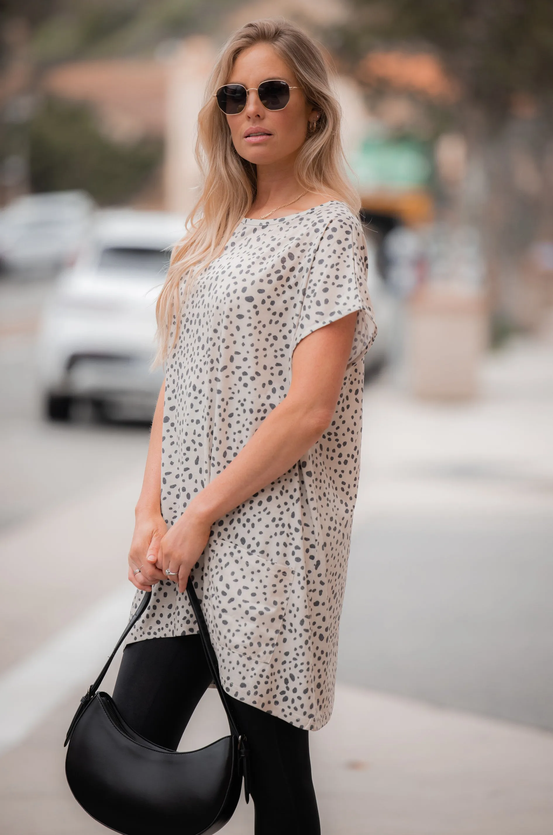 Leopard Print Dolman Short Sleeve Pocket Tunic