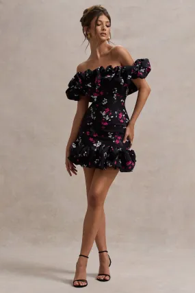 Lindo | Black Ditsy Floral Print Ruffled Bardot Mini Dress