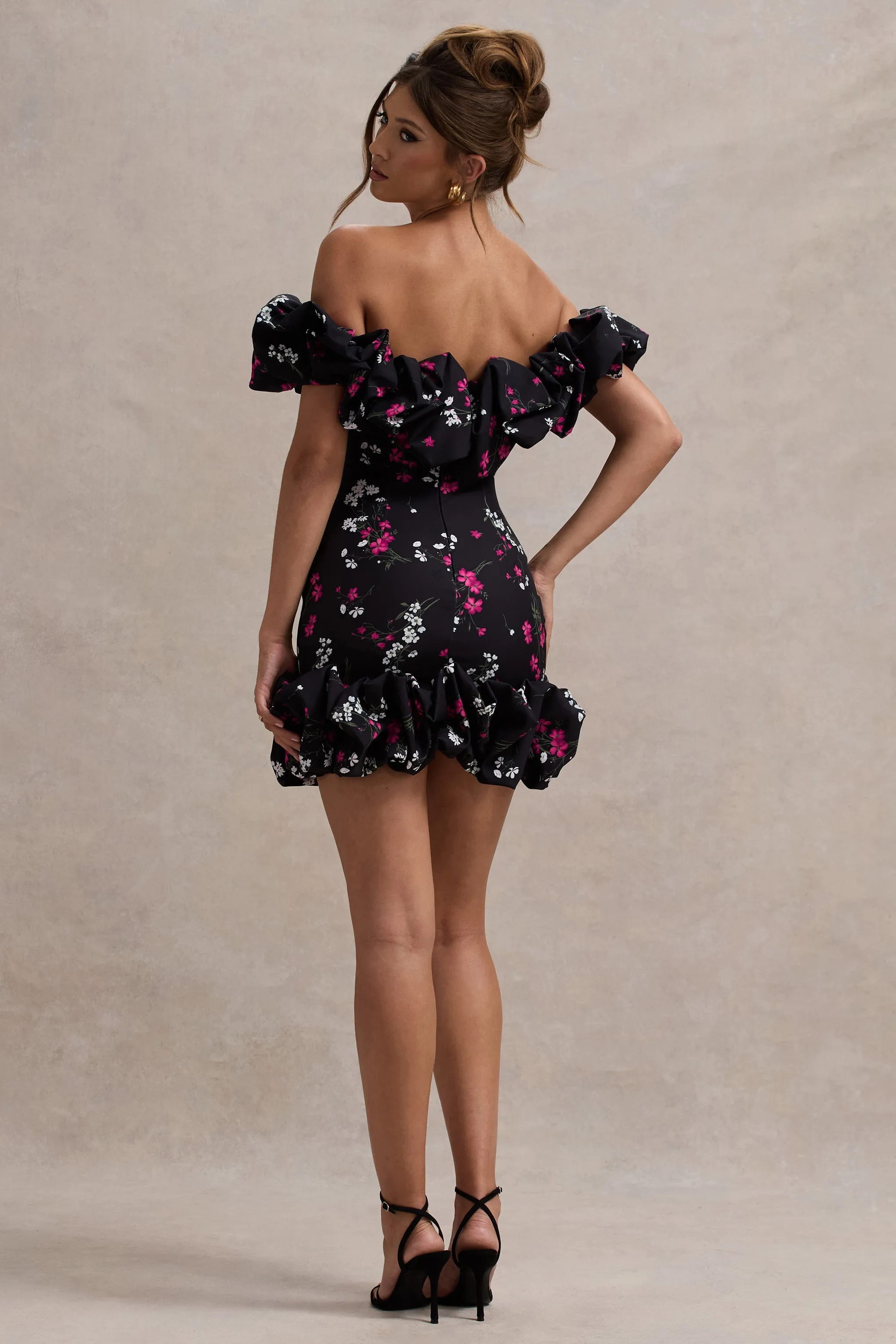 Lindo | Black Ditsy Floral Print Ruffled Bardot Mini Dress