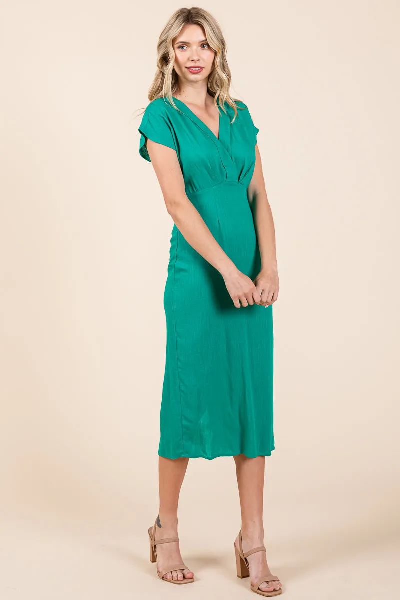 Linen V Neck Wrap Ruched Sheath Midi Dress