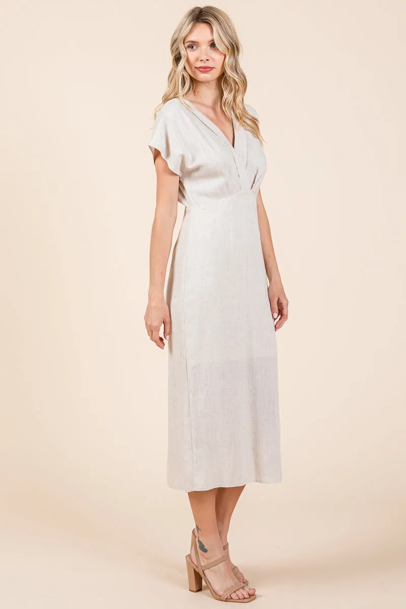 Linen V Neck Wrap Ruched Sheath Midi Dress