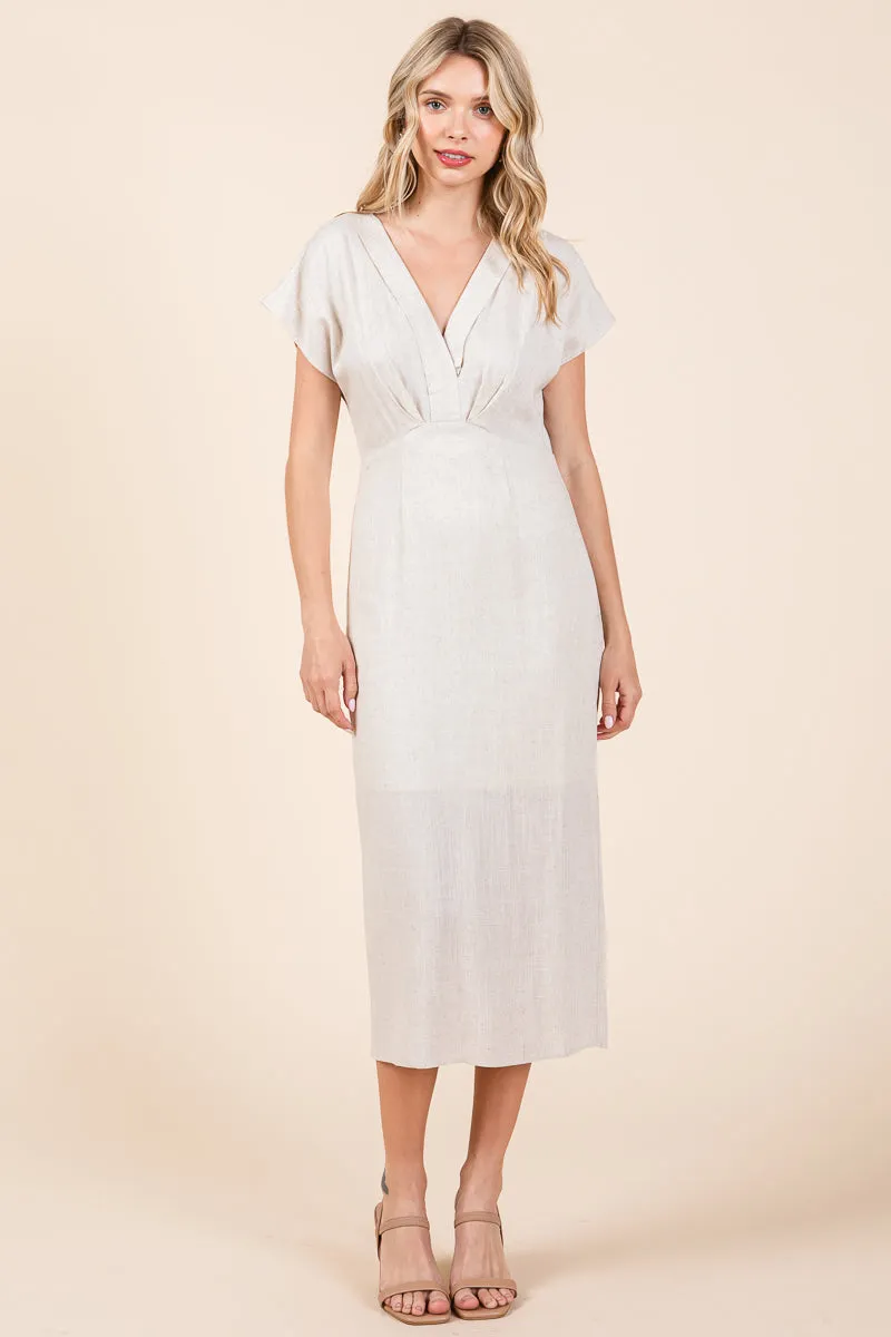 Linen V Neck Wrap Ruched Sheath Midi Dress