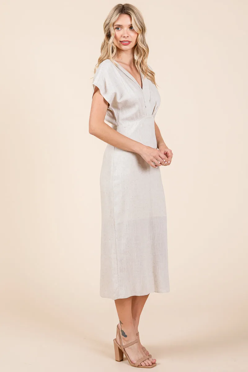 Linen V Neck Wrap Ruched Sheath Midi Dress