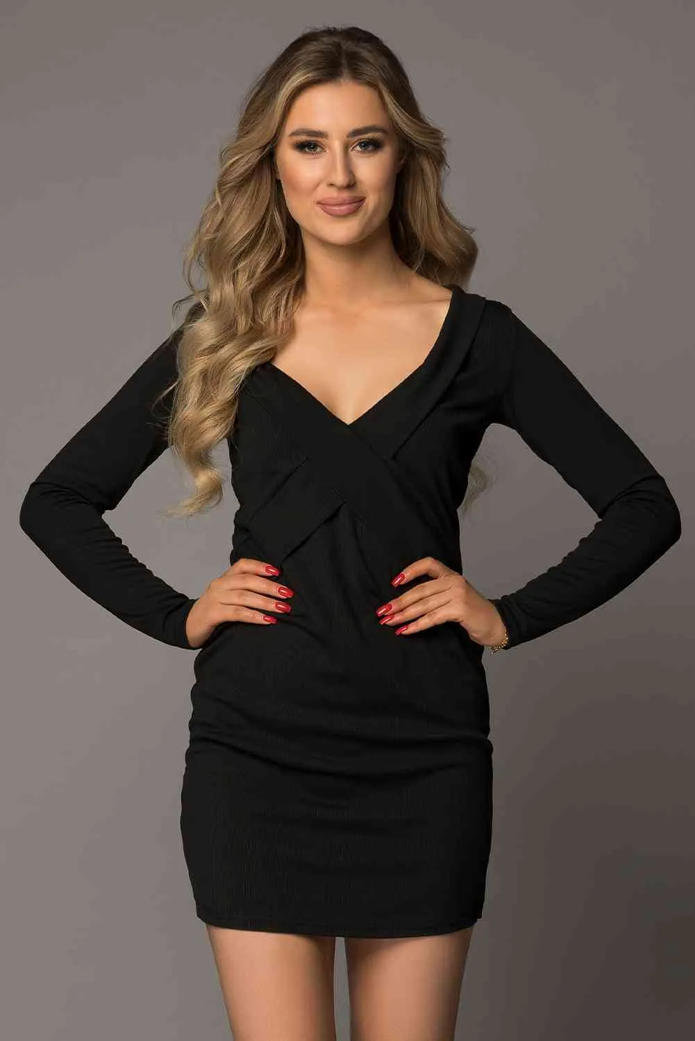 Long Sleeve Plunge Ribbed Bodycon Dress