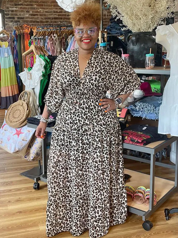 Long Sleeve V Neck Leopard Swing Maxi Dress