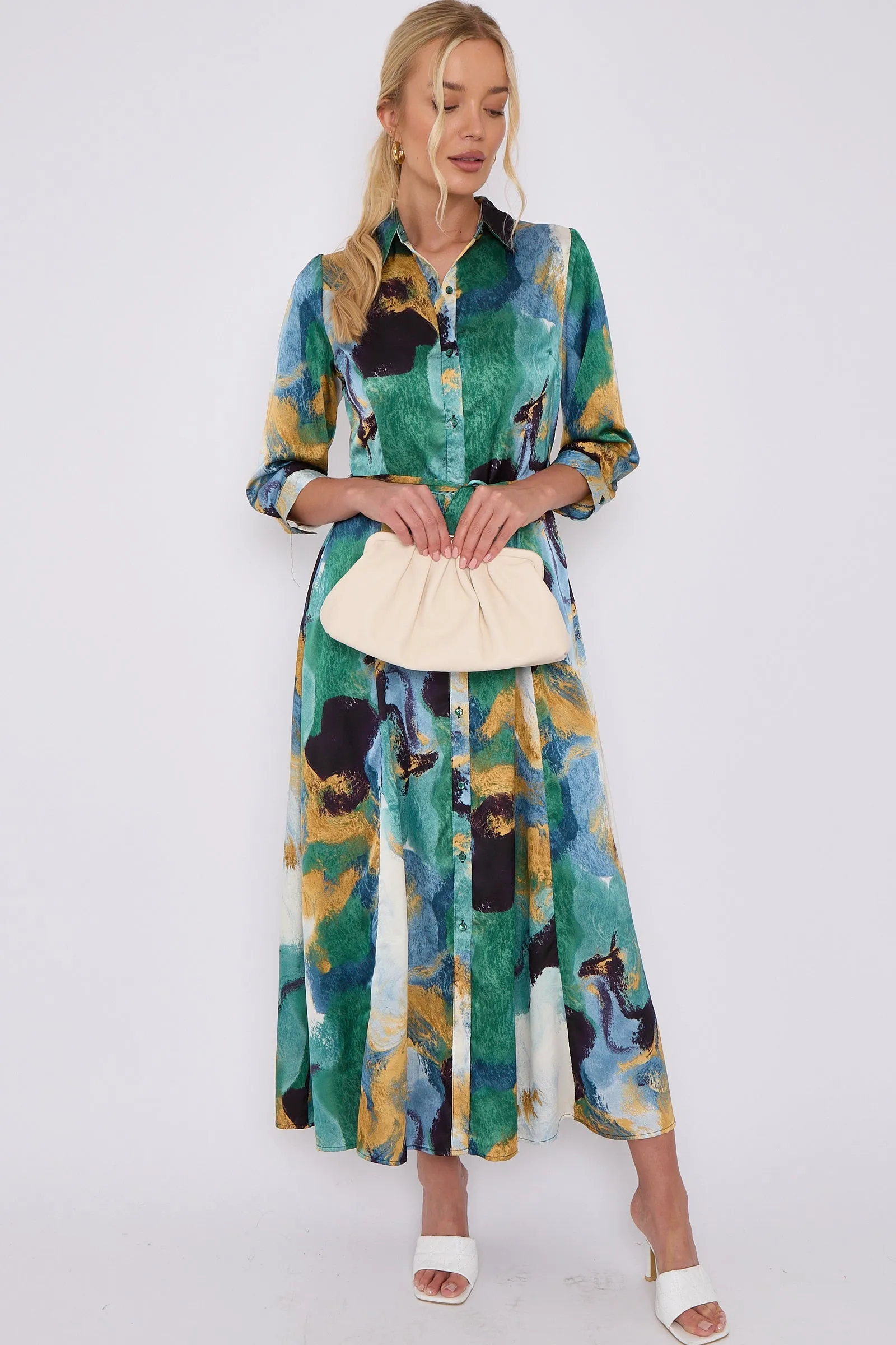 LOVE SUNSHINE Green Abstract Print Satin Maxi Shirt Dress