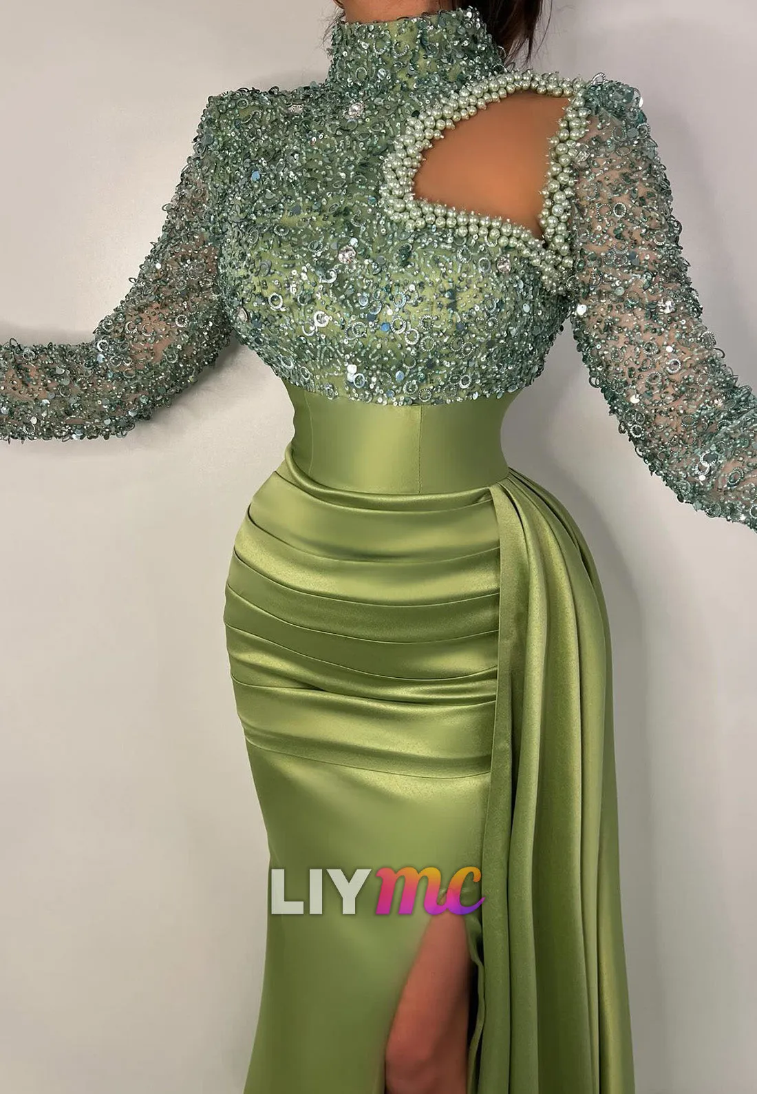 LP2275 - High Neck Long Sleeves Sequins Pleated Sparkly Bodycon Prom Dress