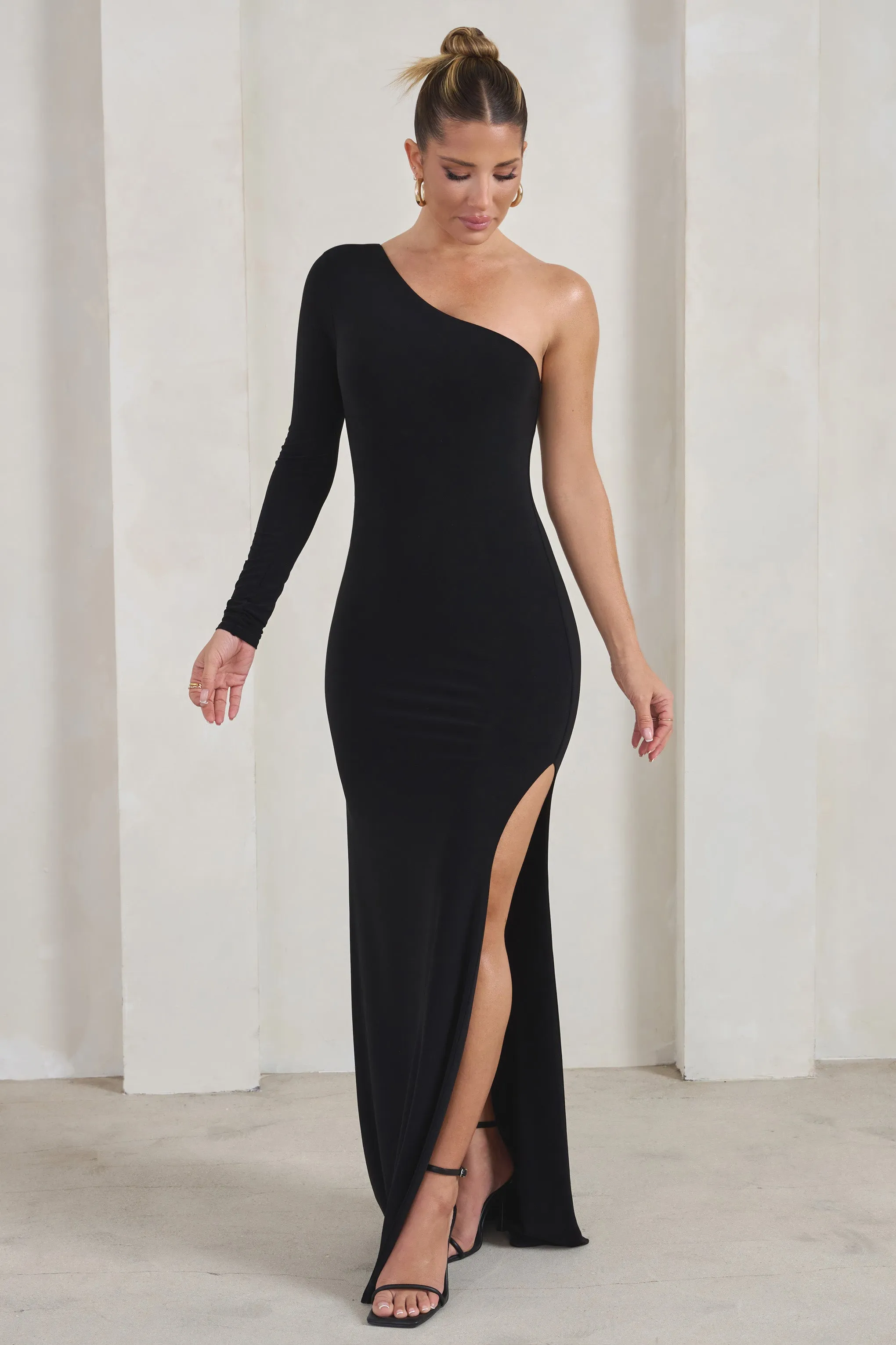 Melanie | Black One Shoulder Split Maxi Dress