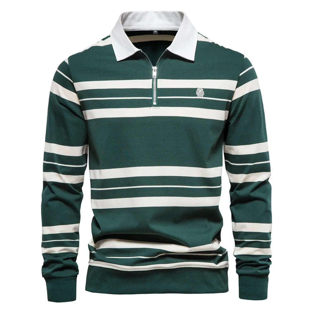 Men's Casual Golf Long Sleeve Half Zip Striped Polo Shirt | PL218