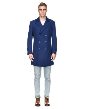 Mens Modern Double Breasted Wool Pea Coat in Indigo Blue