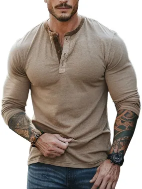 Men's Retro Stitching Casual Henley Collar Long Sleeve T-Shirt