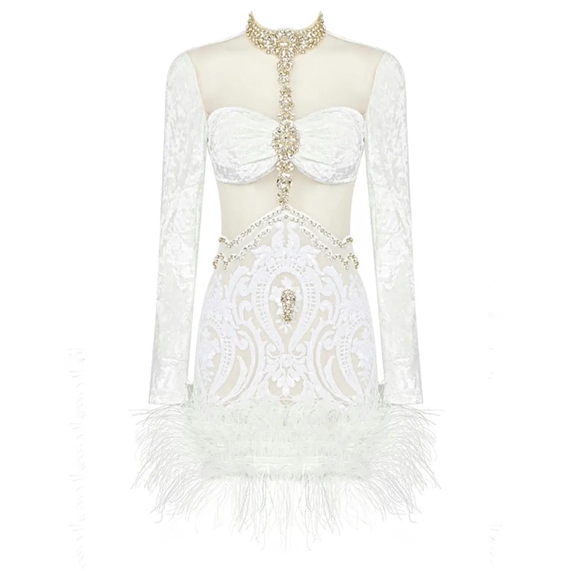 Mesh Insert Fuzzy Trim Embroidery Dress