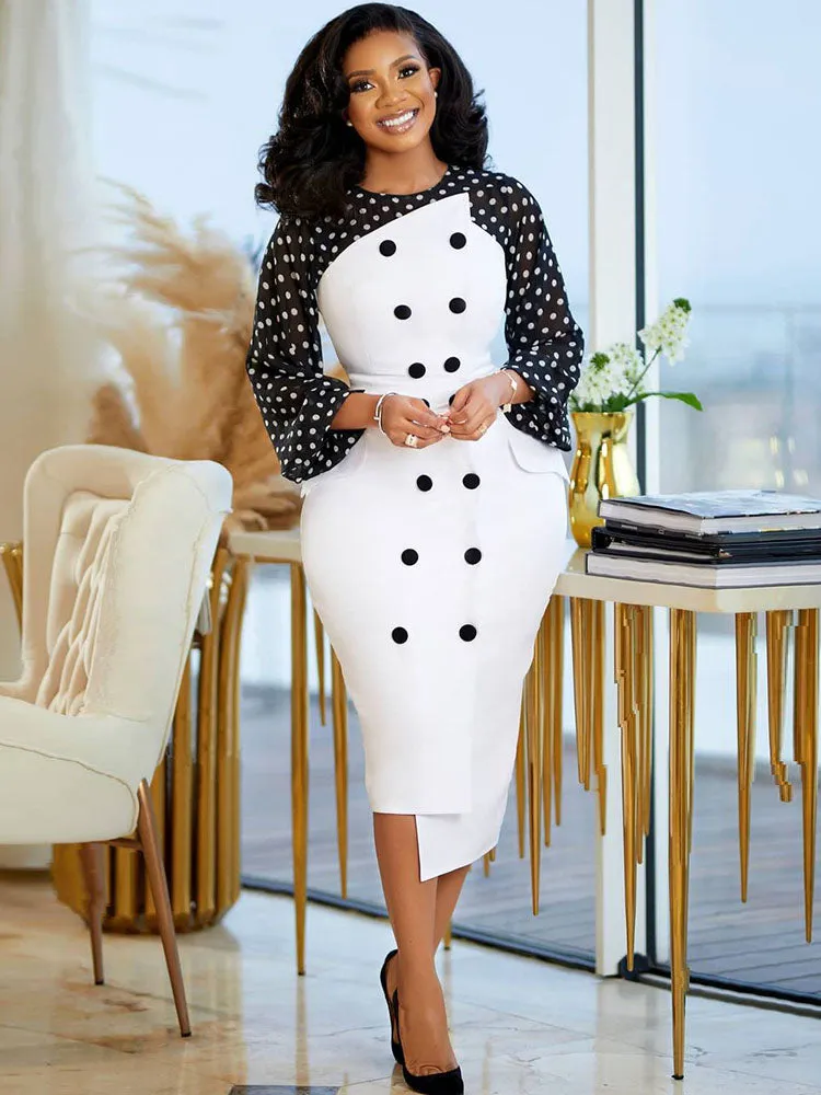 Mesh Sleeves Polka Dot Midi Dresses