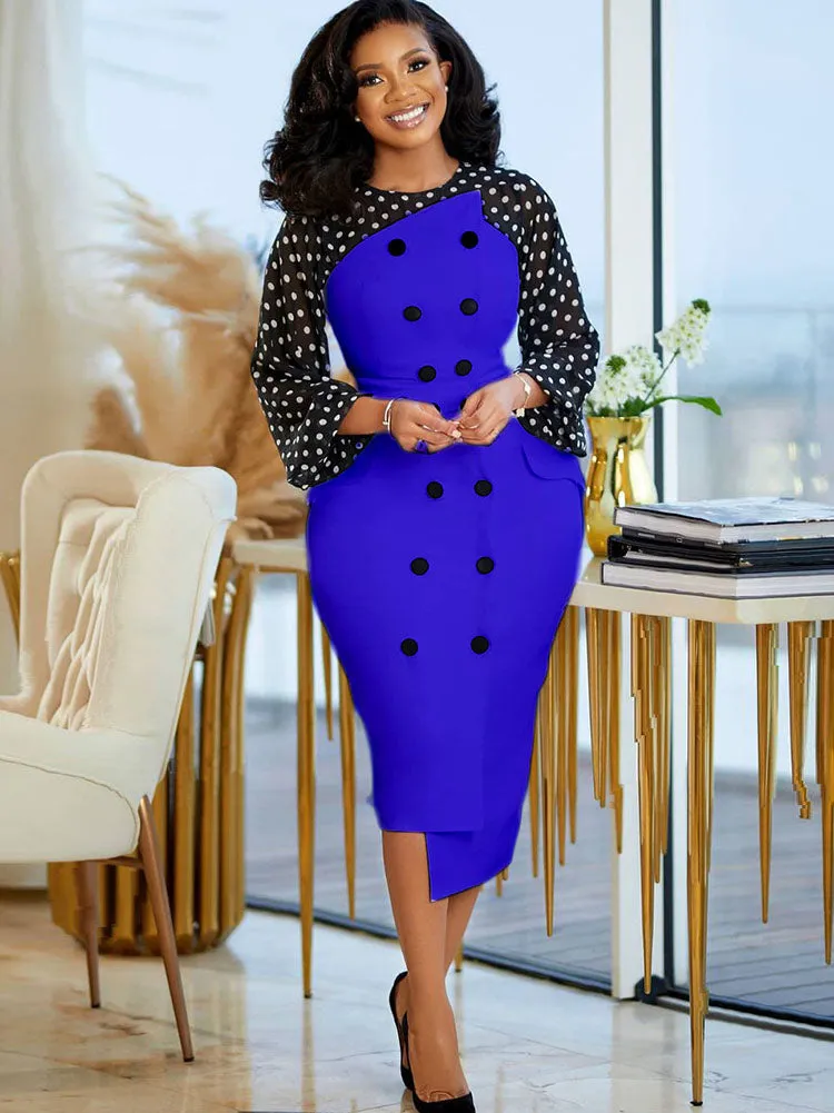 Mesh Sleeves Polka Dot Midi Dresses