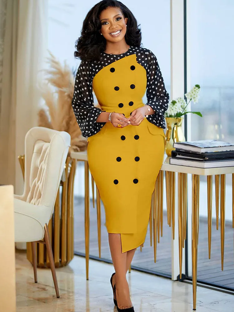 Mesh Sleeves Polka Dot Midi Dresses