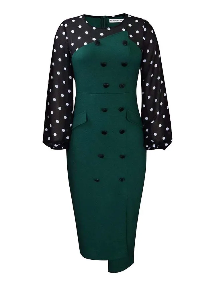 Mesh Sleeves Polka Dot Midi Dresses