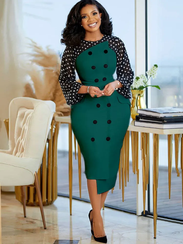 Mesh Sleeves Polka Dot Midi Dresses