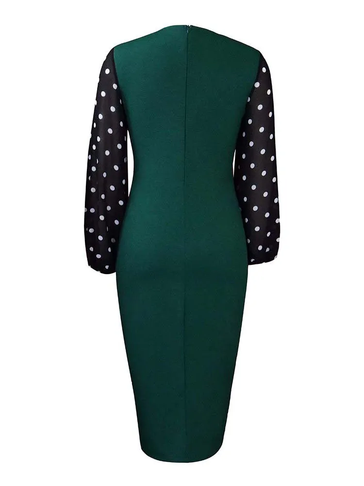 Mesh Sleeves Polka Dot Midi Dresses